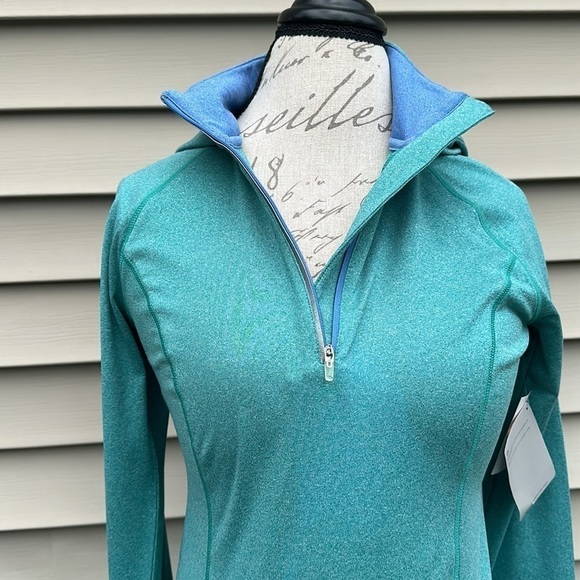 Reebok Green Heather Hooded 1/4 Zip Slim Long-sleeve Performance Top - Picture 5 of 16